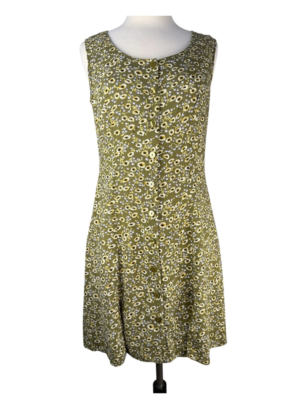 Vintage Bentley Womens Green Floral A-Line Dress  Sleeveless Button  Y2K Sz 6